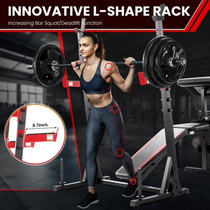 Adjustable Weight Bench 900LBS Olympic Weight Bench Set with Squat Rack, Preacher Curl, Leg Extension Full Body Exercise Workout Bench Press for Home Gym