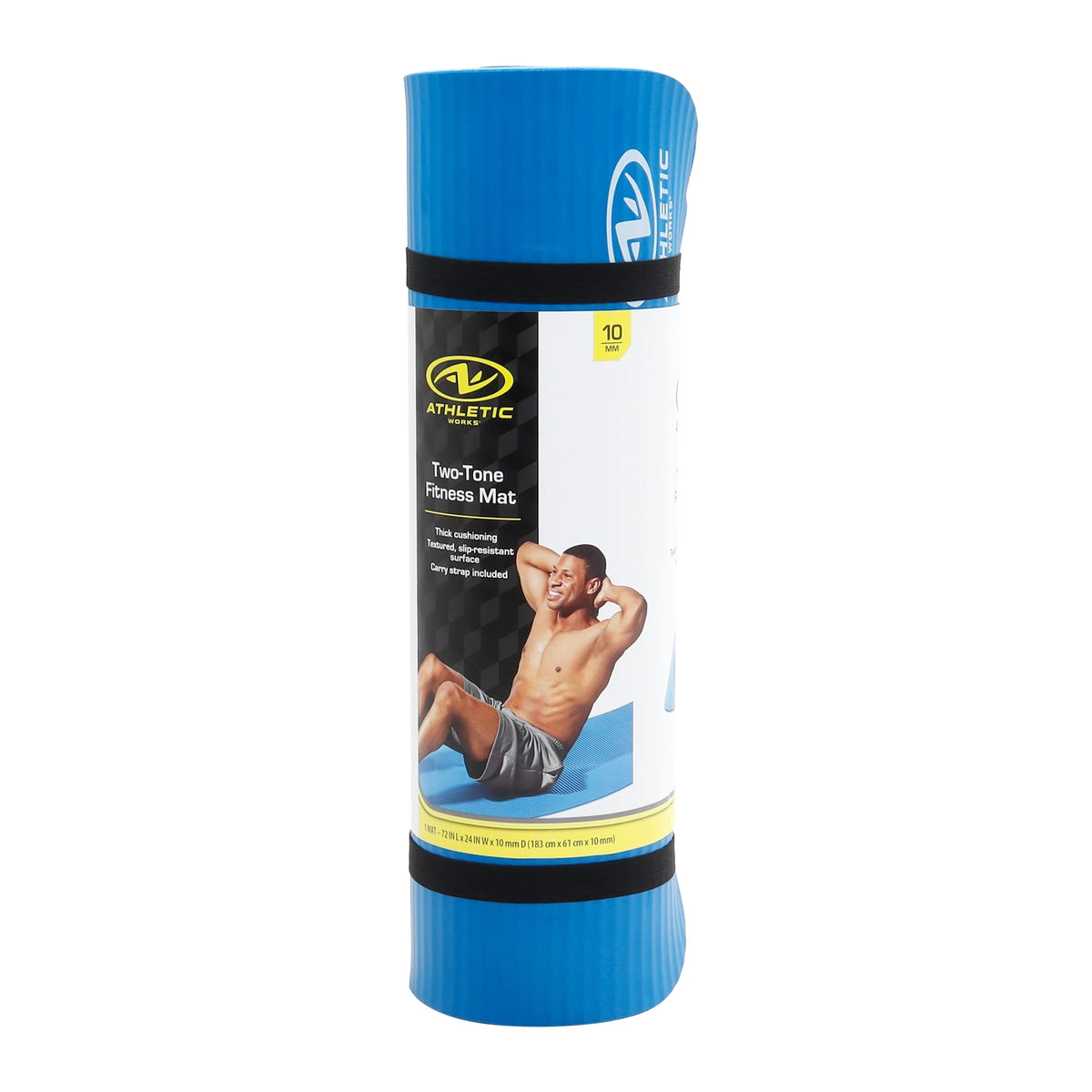 Two Tone Fitness Mat, 72 in X 24 in X 10 Mm, Blue, NBR Foam, Carry Strap Included