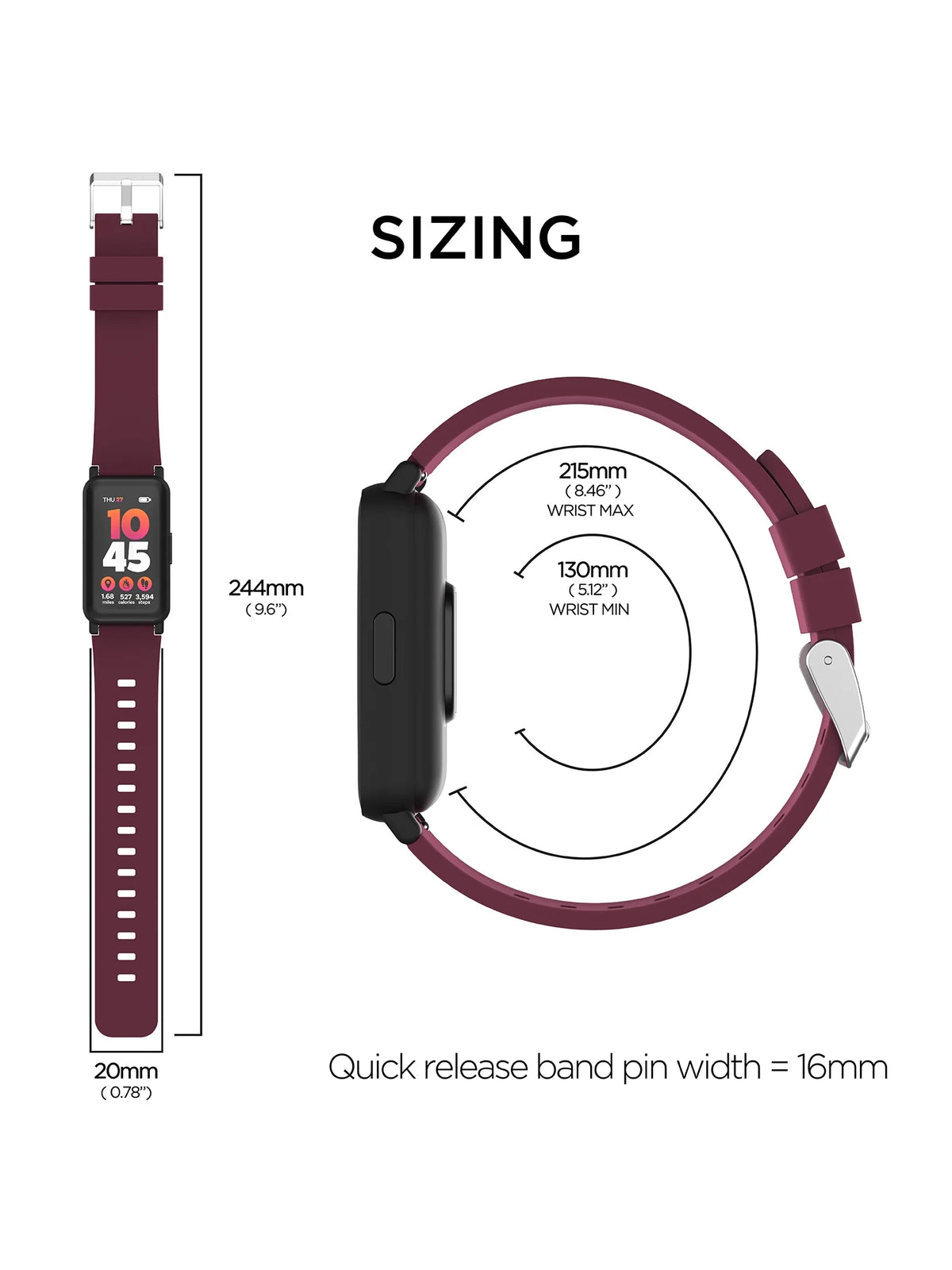 Active 3 Unisex Adult Smartwatch Fitness Tracker, Merlot, Silicone Strap