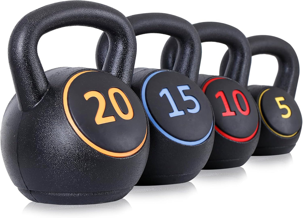 Kettlebell Sets 4 Piece Strength Training Kettlebells Weight Set 5Lb, 10Lb, 15Lb, 20Lb HDPE Coated Concrete Kettle Bell Core Training or Women & Men for Full Body Workout & Exercise Fitness