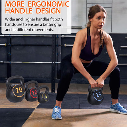 Kettlebell Sets 4 Piece Strength Training Kettlebells Weight Set 5Lb, 10Lb, 15Lb, 20Lb HDPE Coated Concrete Kettle Bell Core Training or Women & Men for Full Body Workout & Exercise Fitness