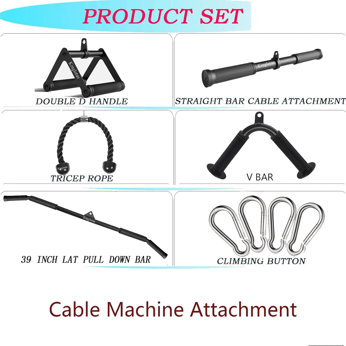 Cable Machine Attachments Set, Home Gym Accessories with 39" LAT Pull down Bar, Straight Bar, V-Shaped Bar, Tricep Rope, Double D Handles, Weight Workout Equipment for Strength Training