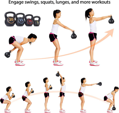 Kettlebell Sets 4 Piece Strength Training Kettlebells Weight Set 5Lb, 10Lb, 15Lb, 20Lb HDPE Coated Concrete Kettle Bell Core Training or Women & Men for Full Body Workout & Exercise Fitness