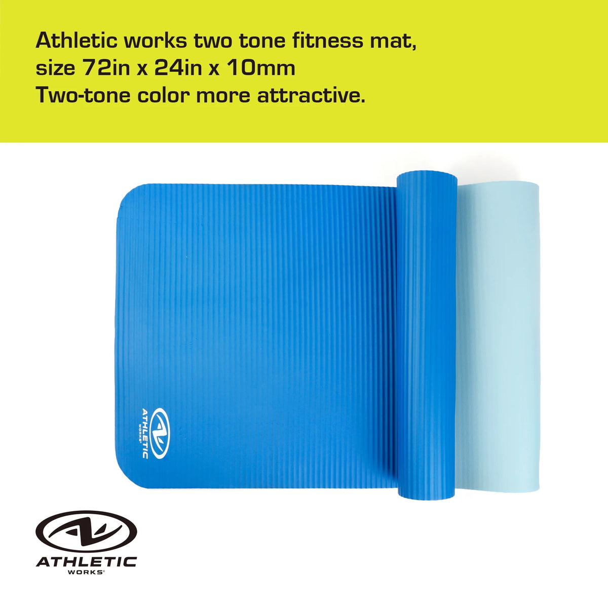 Two Tone Fitness Mat, 72 in X 24 in X 10 Mm, Blue, NBR Foam, Carry Strap Included