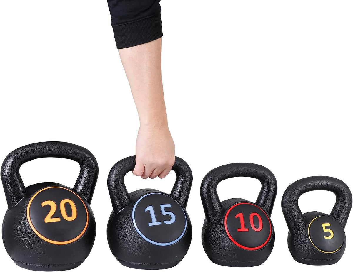 Kettlebell Sets 4 Piece Strength Training Kettlebells Weight Set 5Lb, 10Lb, 15Lb, 20Lb HDPE Coated Concrete Kettle Bell Core Training or Women & Men for Full Body Workout & Exercise Fitness